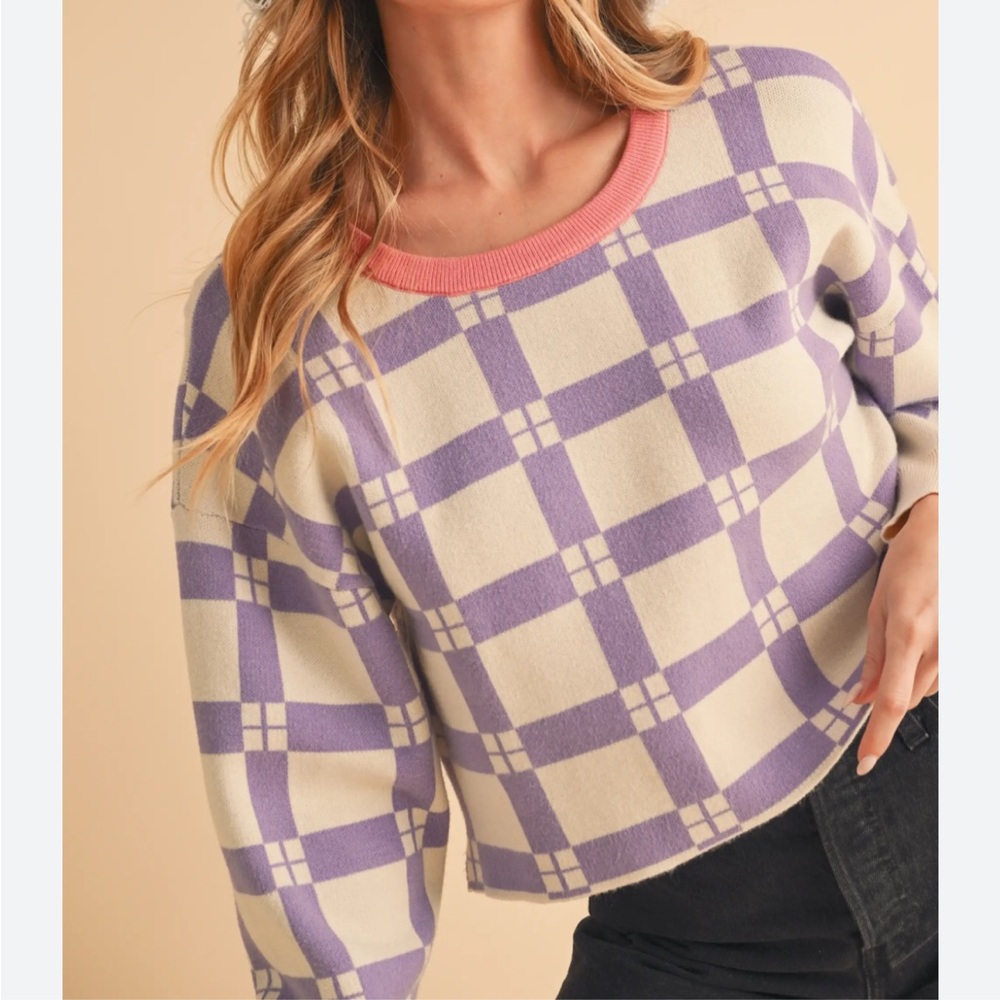 Anthropologie Lavender and Cream Checkered Sweater